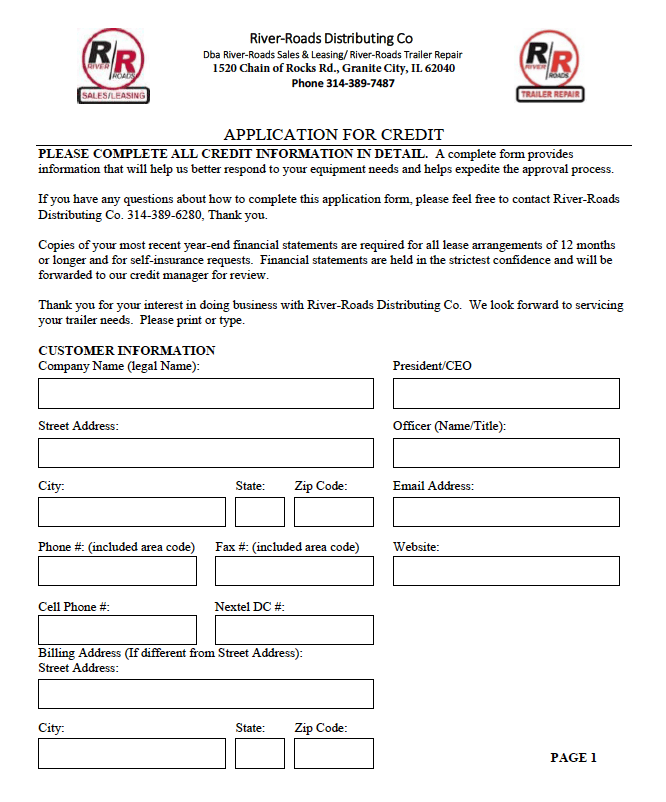 Picture of the first page of the River-Roads credit application for financing 2024